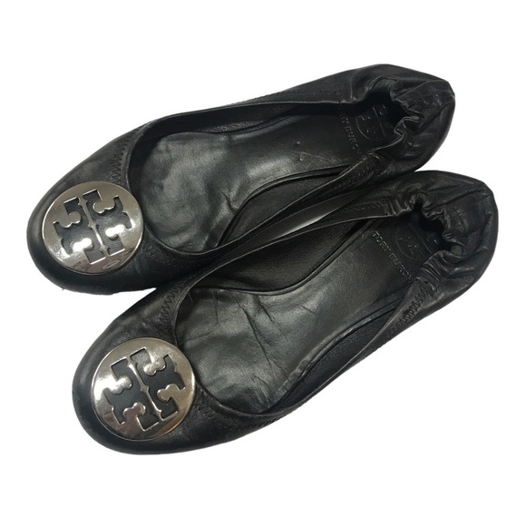 Tory Burch reva leather black  silver ballerina flats size 7M - Picture 1 of 12